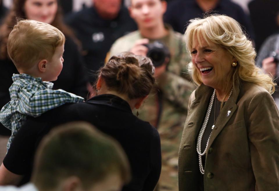 First Lady Dr. Jill Biden walks up to speak with families of soldiers deployed to Europe at the Personnel Processing Center in Fort Campbell, KY., on Wednesday, March 9, 2022. 