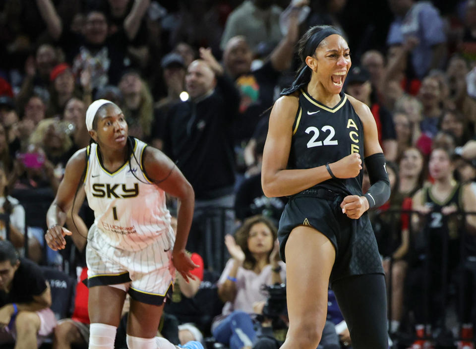 Las Vegas Aces forward A'ja Wilson reacts after scoring against the Chicago Sky in Game Two of the 2023 WNBA Playoffs first round at Michelob ULTRA Arena in Las Vegas on Sept. 17, 2023. (Photo by Ethan Miller/Getty Images)