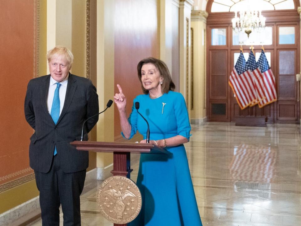 Boris Johnson meets Nancy Pelosi in Washington in September 2021 (PA)