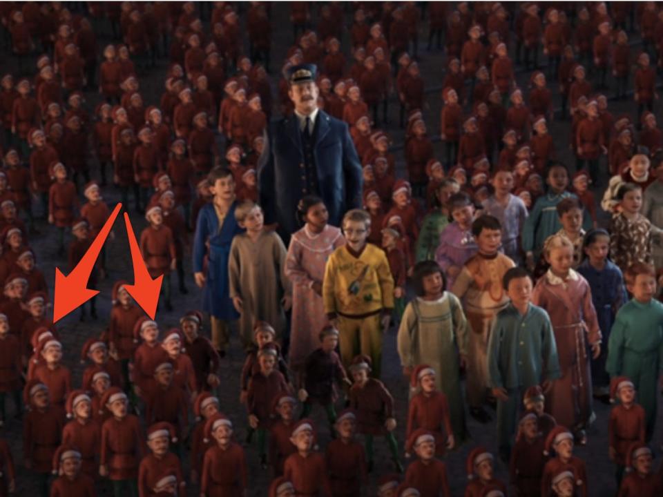 arrows pointing to similar elf faces in crowd at north pole in the polar express