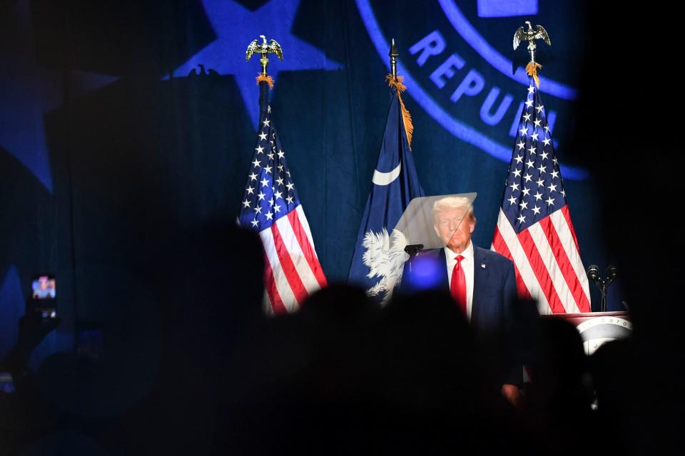 Former president Donald Trump speaks during the 56th annual Silver Elephant Gala, where he is the keynote speaker, at the South Carolina State Fairgrounds in Columbia, S.C., on Saturday, Aug. 5, 2023.