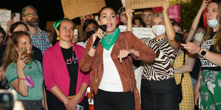 U.S. representative Alexandria Ocasio-Cortez speaks to prochoice activists in Union Square in response to the Supreme Court overturning Roe v. Wade Friday, June 24, 2022 in Manhattan, New York.