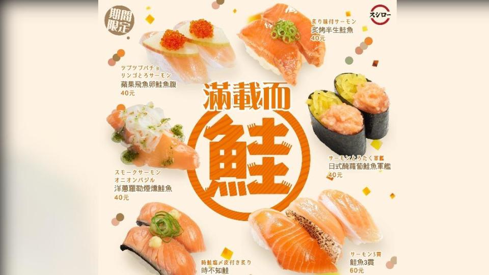 台灣壽司郎4‬月‭12‬日起至4月30日限時祭出「‭鮭魚‭3‬‬貫」。（圖／翻攝自台湾スシロー 台灣壽司郎）