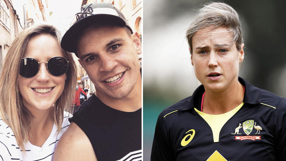 Ellyse Perry posed with Matt Toomua (pictured left) and Perry walking off after a wicket (pictured right).