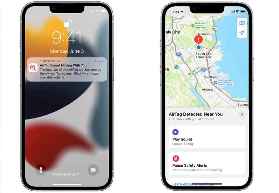 Apple will notify people if an AirTag is potentially tracking them. There are options for Android users too. Source: Apple