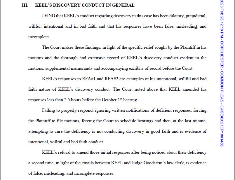 This excerpt from the Feb. 28, 2023, sanctions order shows some of the words S.C. Circuit Court Judge Maite Murphy used to describe her view of SLED Chief Mark Keel’s conduct in the discovery phase of hemp farmer Trent Pendarvis’ lawsuit. (Source: Dorchester County Clerk of Court)