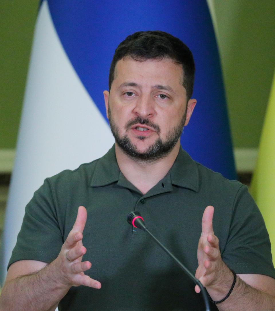 Ukrainian President Volodymyr Zelensky addresses a joint press conference with Finland’s Prime Minister Petteri Orpo (EPA)