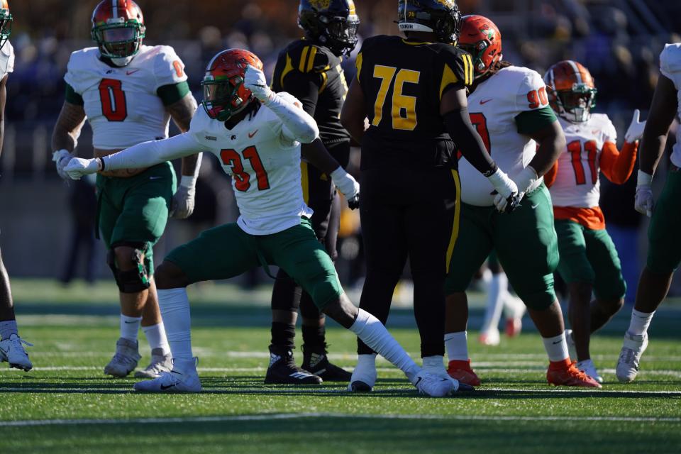 FAMU linebacker Isaiah Land celebrates a sack vs. Arkansas-Pine Bluff on Saturday, Nov. 13, 2021.