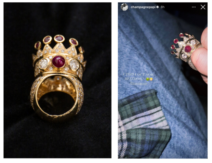 Crown ring designed by Tupac Shakur (L). Drake featuring the jewelry on his Instagram story. / Credit: Sotheby's