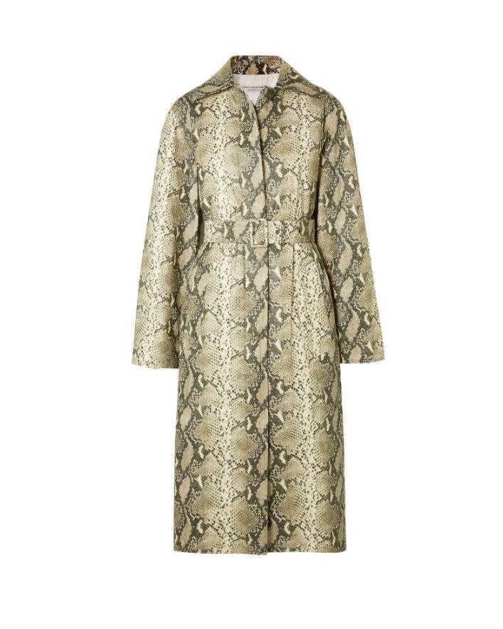 Belted snake-print coated-shell coat