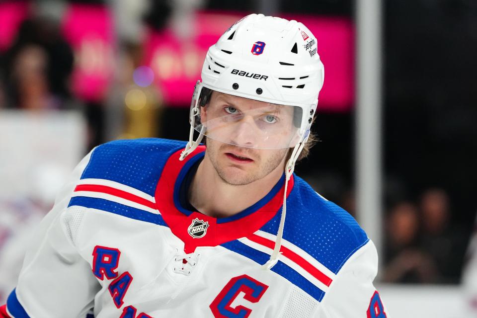 Jan 18, 2024; Las Vegas, Nevada, USA; New York Rangers defenseman Jacob Trouba (8) warms up before a game against the Vegas Golden Knights at T-Mobile Arena.