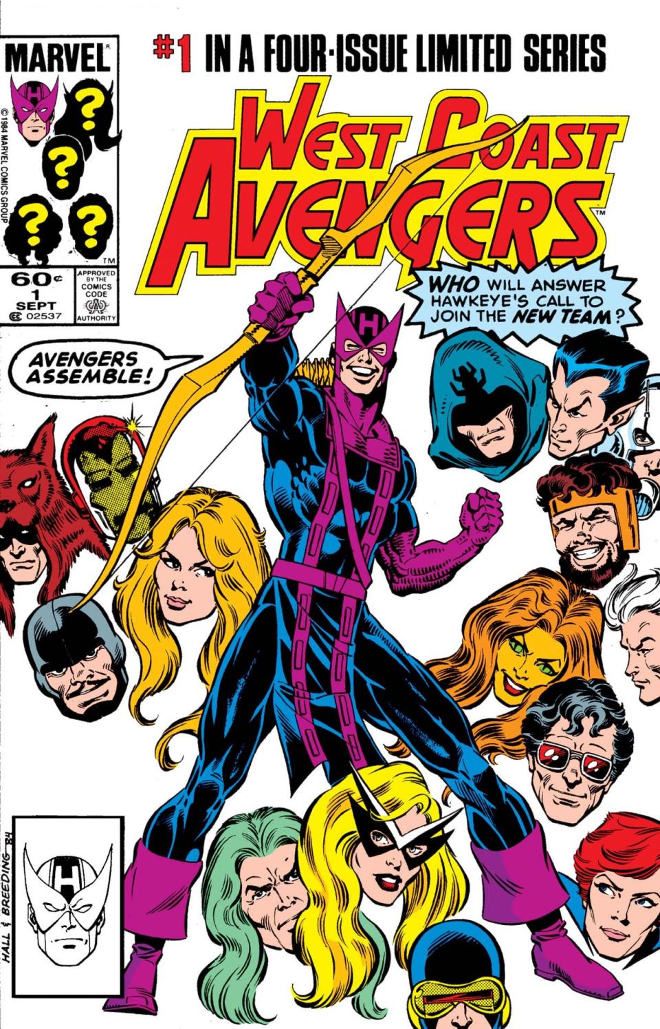 The cover for West Coast Avengers shows Hawkeye surrounded by Marvel heroes