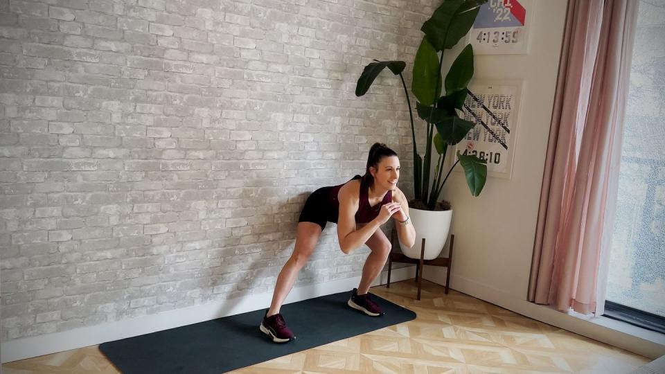 aerobic workout, amber rees perfumes the side lunge exercise