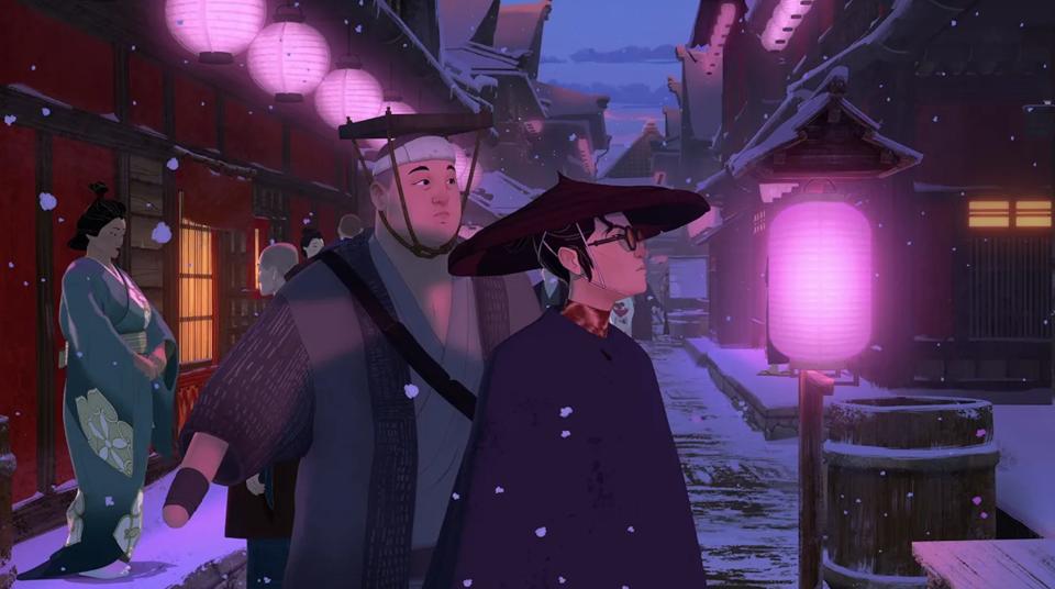 Masi Oka as Ringo and Maya Erskine as Mizu in "Blue Eye Samurai."