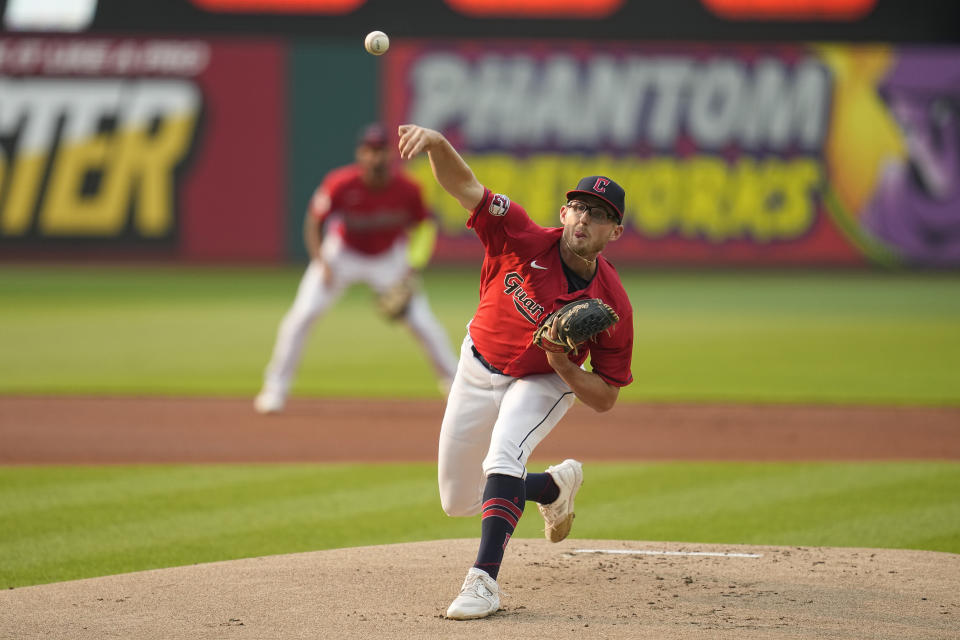 Cleveland Guardians starting pitcher Tanner Bibee throws during the first inning of the team's baseball game against the Boston Red Sox, Wednesday, June 7, 2023, in Cleveland. (AP Photo/Sue Ogrocki)