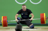 <p>Oleksandr Pyelyeshenko of Ukraine fails a lift during the men’s 85kg weightlifting final on August 12, 2016. (REUTERS/Stoyan Nenov) </p>