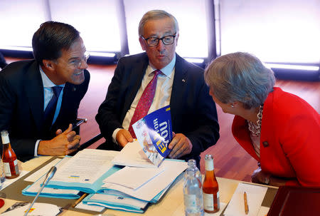 Britain's Prime Minister Theresa May, European Commission President Jean-Claude Juncker and Netherlands' Prime Minister Mark Rutte attend the European Union leaders informal summit in Salzburg, Austria, September 20, 2018. REUTERS/Leonhard Foeger