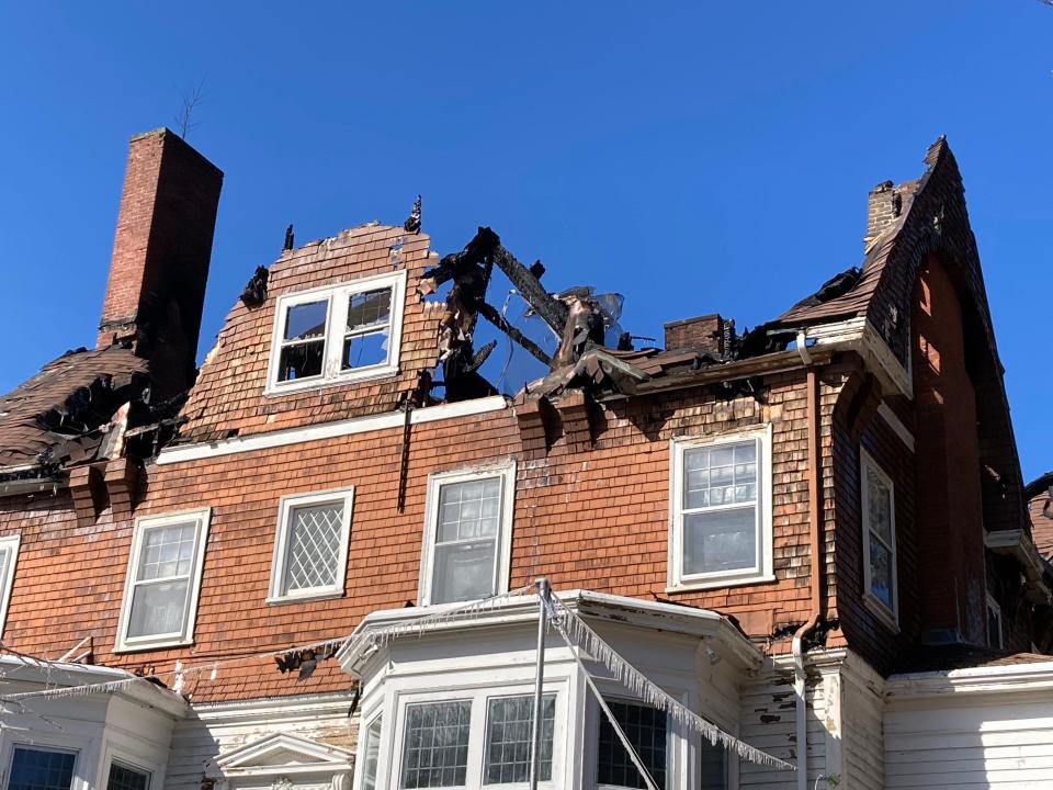 A view of the damage to the Oakhurst Manor, on Friday.