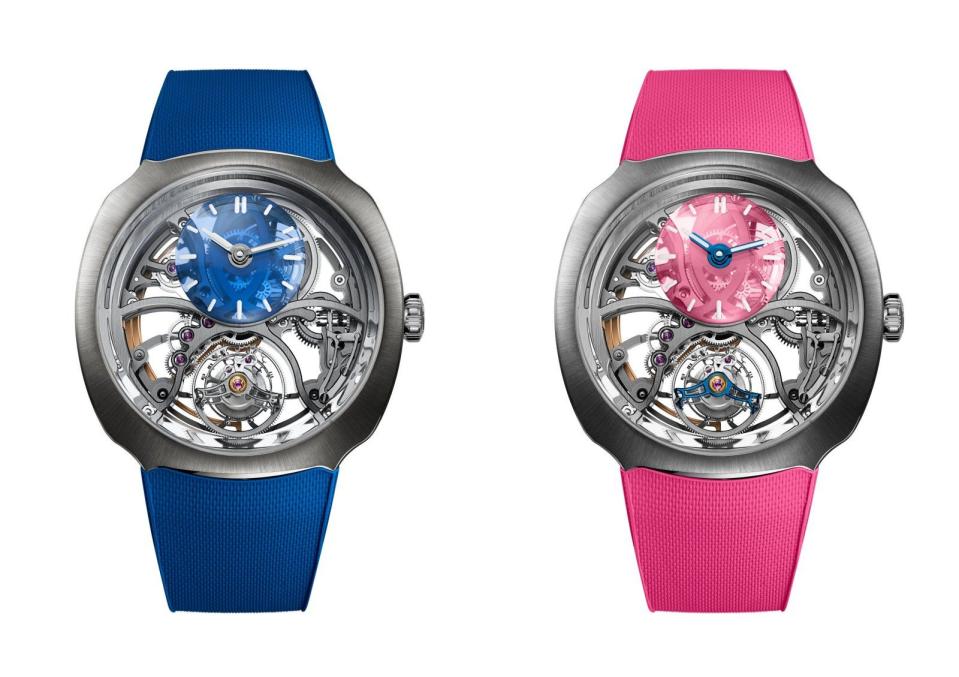 疾速者柱狀游絲陀飛輪鏤空腕錶「Alpine」限量版，共有藍色與粉紅色二種不同版本，藍色版限量100只，粉紅色版限量20只，定價各約NT$3,446,000。