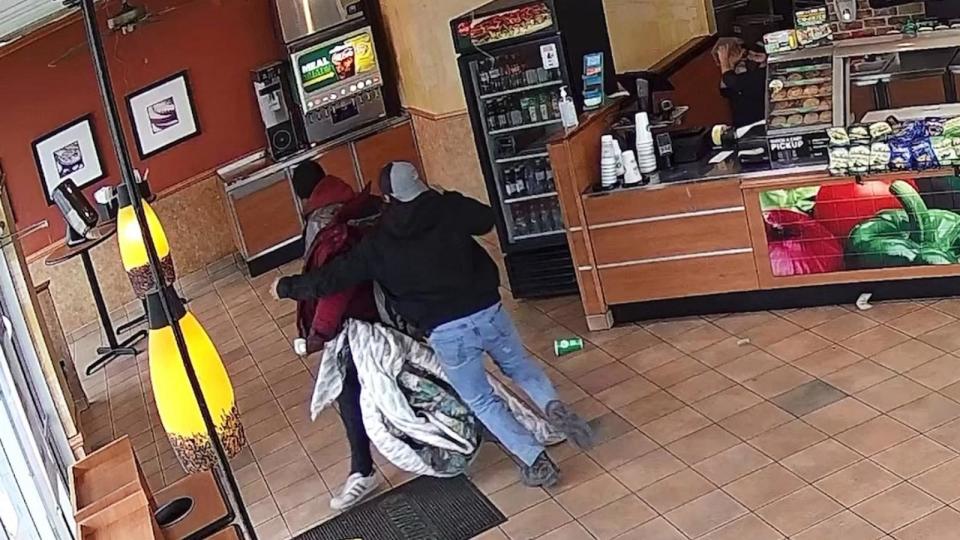 PHOTO: In this screen grab from surveillance video, Subway customer Gabriel Pitzulo takes down a man who allegedly attacked an employee, on March 22, 2024, in Indianapolis. (Obtained by ABC News)