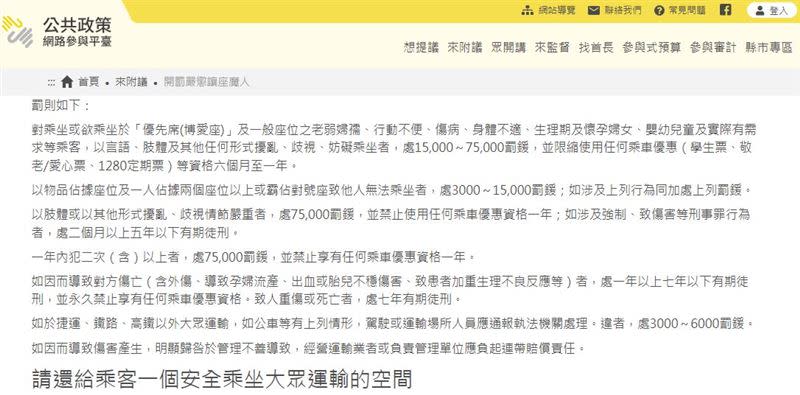 提議中針對讓座魔人的罰則內容，引發網友討論。（圖／翻攝自公共政策網路參與平台）