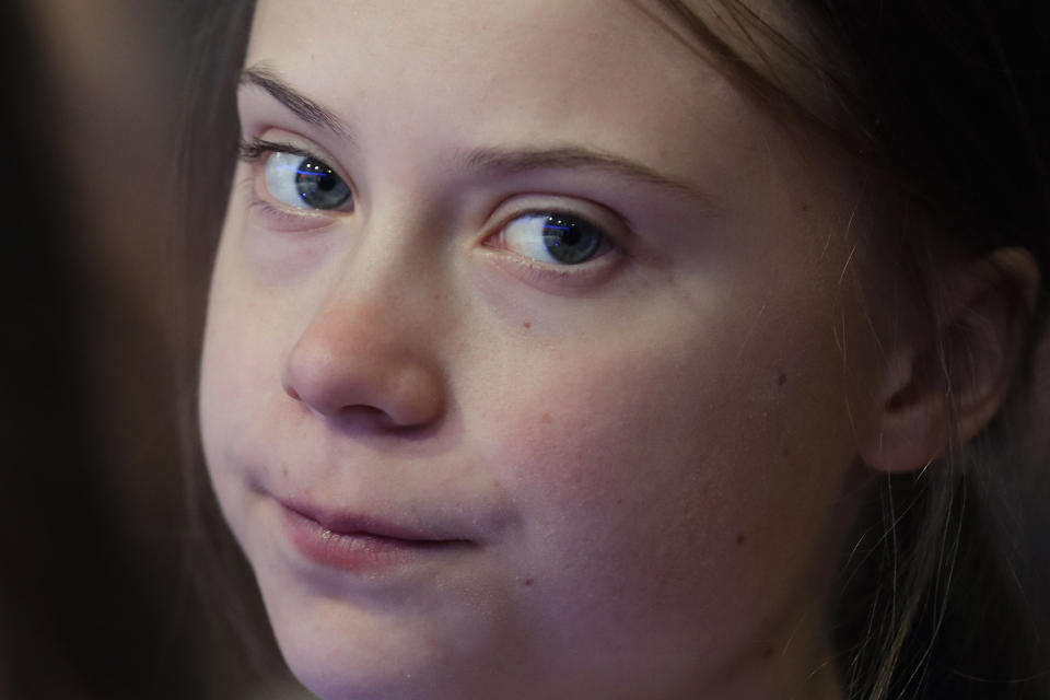 Swedish environmental activist Greta Thunberg attends the World Economic Forum in Davos, Switzerland, Tuesday, Jan. 21, 2020. The 50th annual meeting of the forum will take place in Davos from Jan. 21 until Jan. 24, 2020. (AP Photo/Michael Probst)