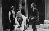 Actress Mollie Sugden and comedians (L-R) Bill Oddie, Tim Brooke-Taylor and Graeme Garden in a sketch from episode 'Caught in the Act' of the BBC television series 'The Goodies', 1970. (Photo by Don Smith/Radio Times via Getty Images)