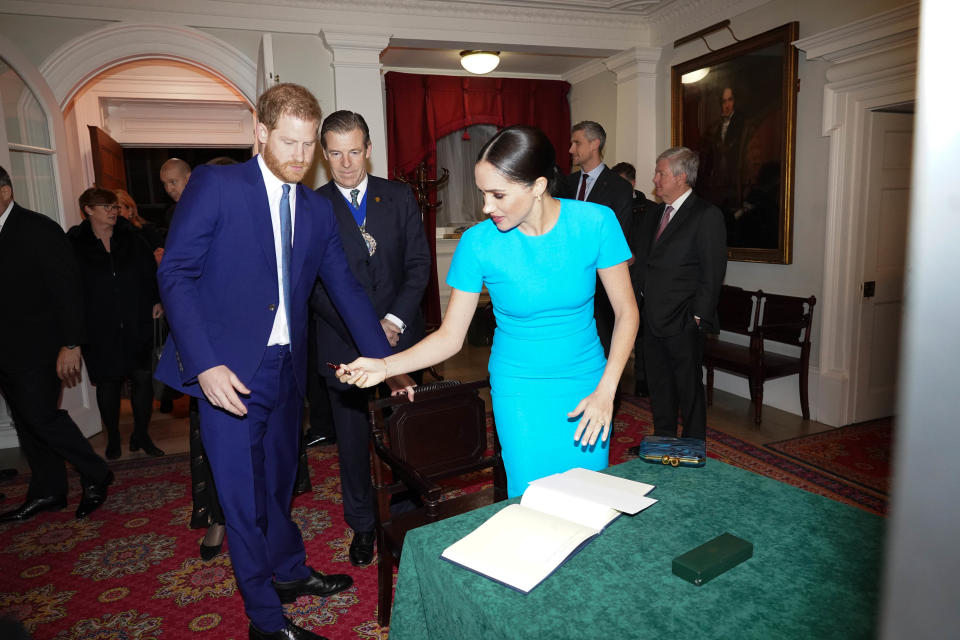 LONDON, ENGLAND - MARCH 05: Prince Harry, Duke of Sussex and Meghan, Duchess of Sussex attend the annual Endeavour Fund Awards at Mansion House on March 5, 2020 in London, England. Their Royal Highnesses will celebrate the achievements of wounded, injured and sick servicemen and women who have taken part in remarkable sporting and adventure challenges over the last year. (Photo by Paul Edwards - WPA Pool/Getty Images)