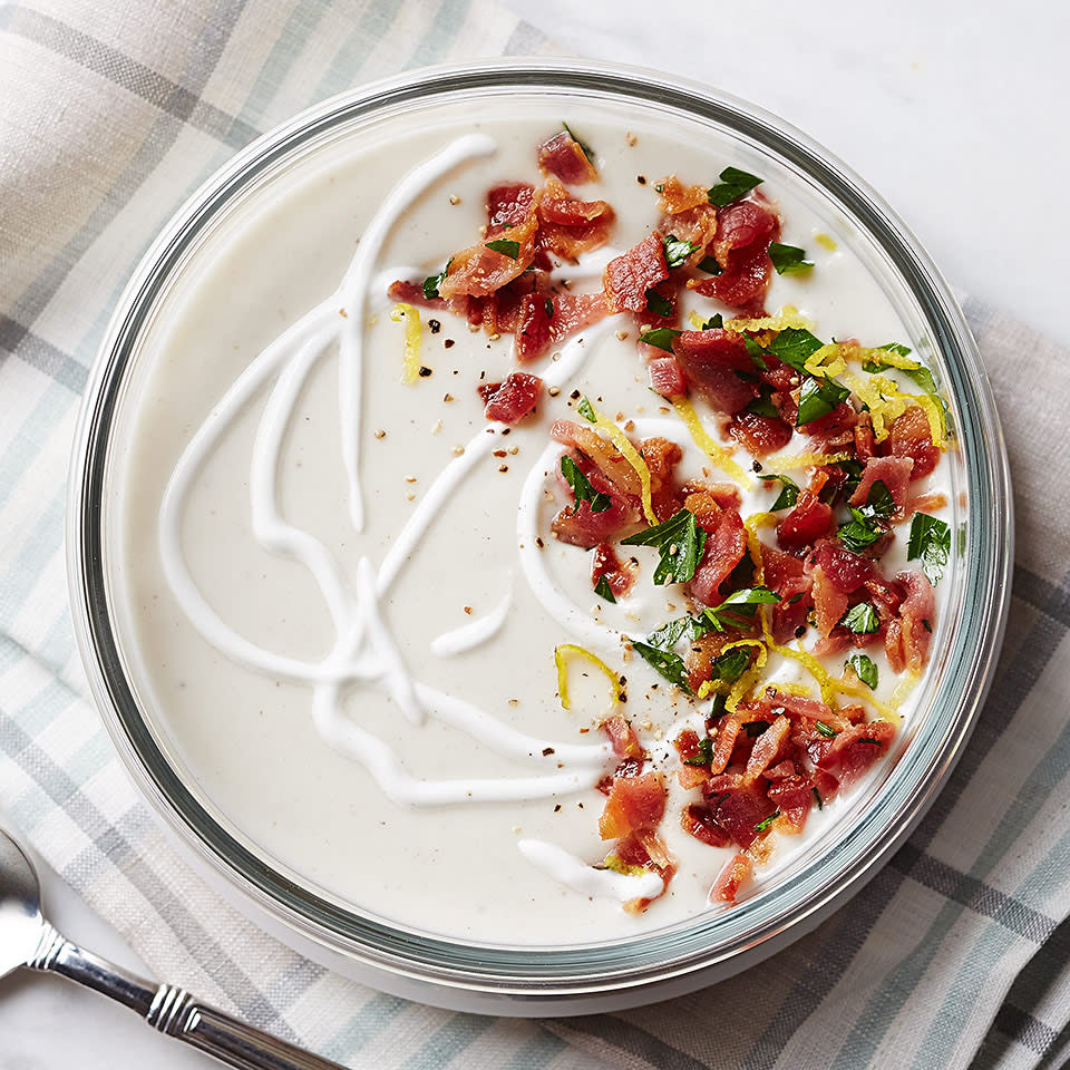 <p>A healthy take on a loaded baked potato, this creamy cauliflower soup recipe has all the fixings of a loaded potato (bacon included) but for way fewer calories and carbs. Ready in a quick 20 minutes, this easy soup is great for busy weeknights or can be meal prepped ahead of time to take for lunch or frozen for a ready-made meal down the road. This recipe was originally made for one serving but can be easily adapted to serve more.</p> <p> <a href="https://www.eatingwell.com/recipe/259393/cauliflower-soup/" rel="nofollow noopener" target="_blank" data-ylk="slk:View Recipe;elm:context_link;itc:0;sec:content-canvas" class="link ">View Recipe</a></p>