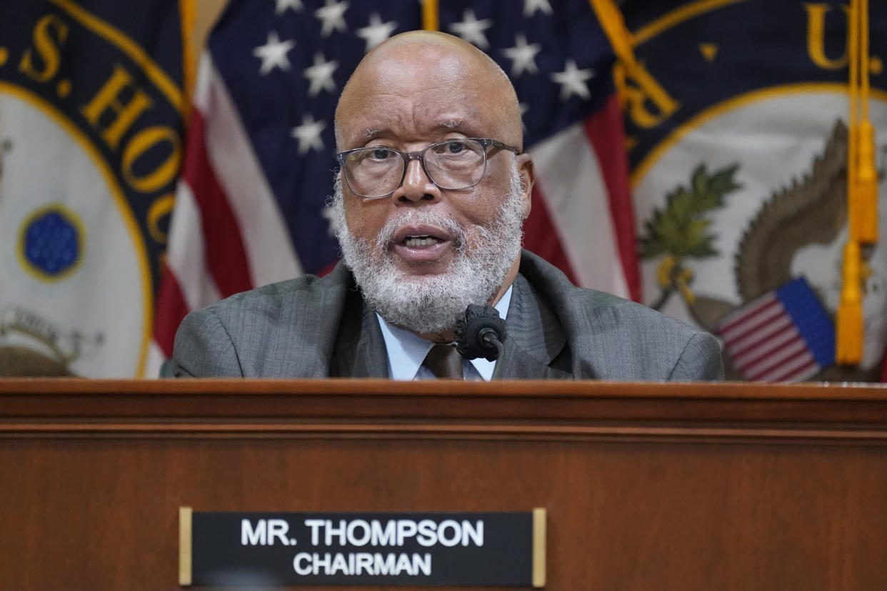 Chairman Bennie Thompson sits at his desk at a House select committee hearing.