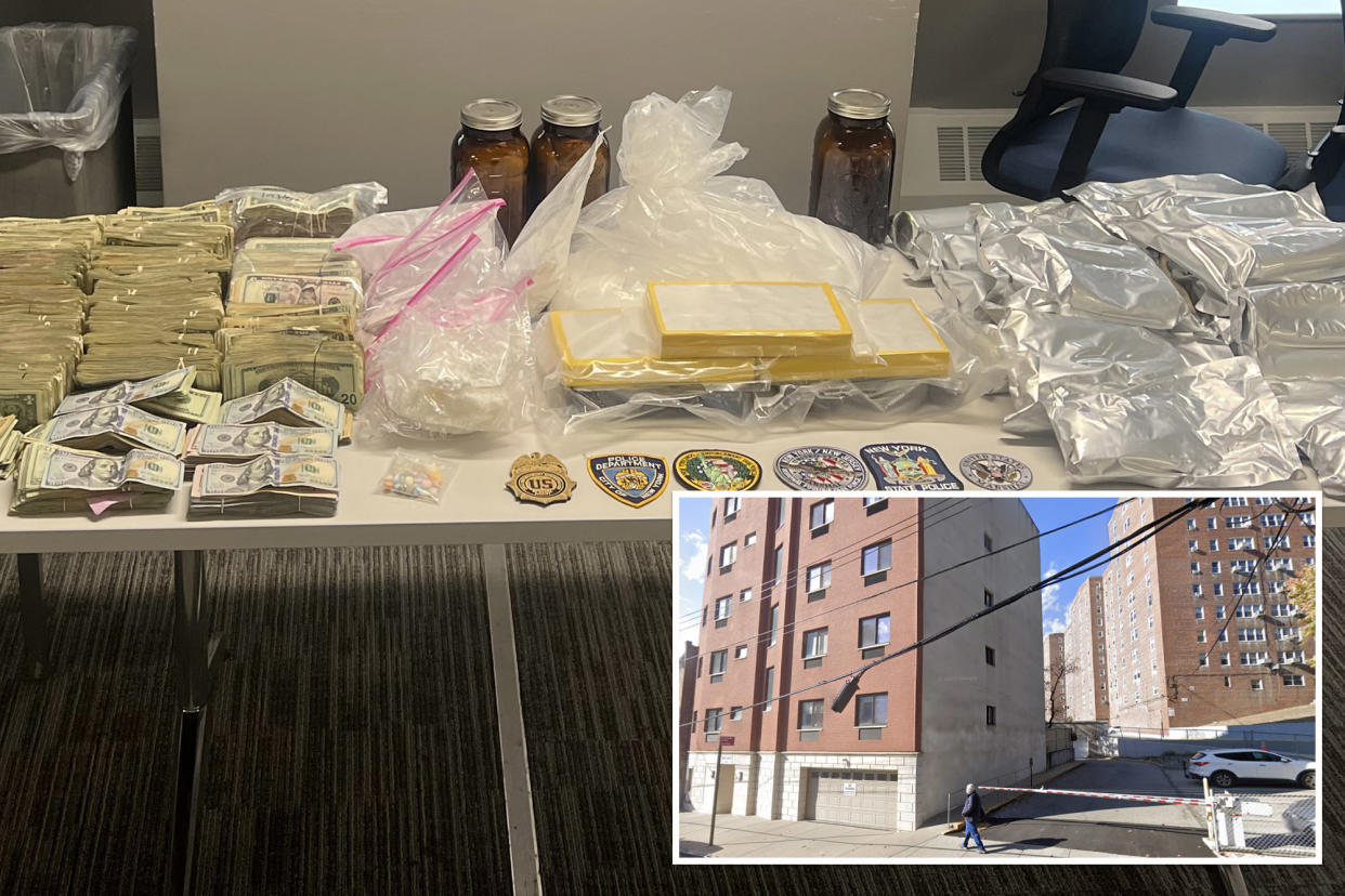 Investigators stumbled upon a massive drug mill – with a 25-pound stash of cocaine and fentanyl – at a Bronx apartment where they showed up to nab a woman for a New Jersey fraud case, officials and sources said Monday.