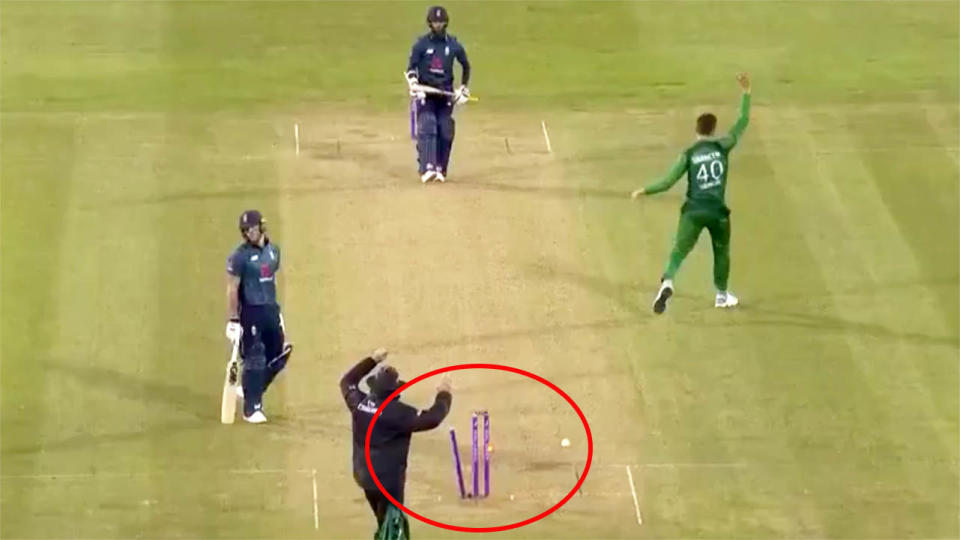 Ben Stokes was run-out in freakish fashion. Image: Sky Sports