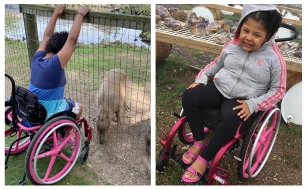 Aaliyah Faulknor, 9, has cerebral palsy and can only walk just about three metres at a time. Her custom wheelchair was stolen, then recovered by London, Ont., police, but it's now unusable.  (Submitted by Hayley Fair - image credit)