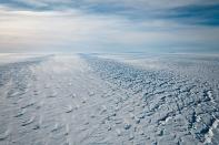 An aerial view of the Pine Island Glacier in Antarctica, looking seaward.