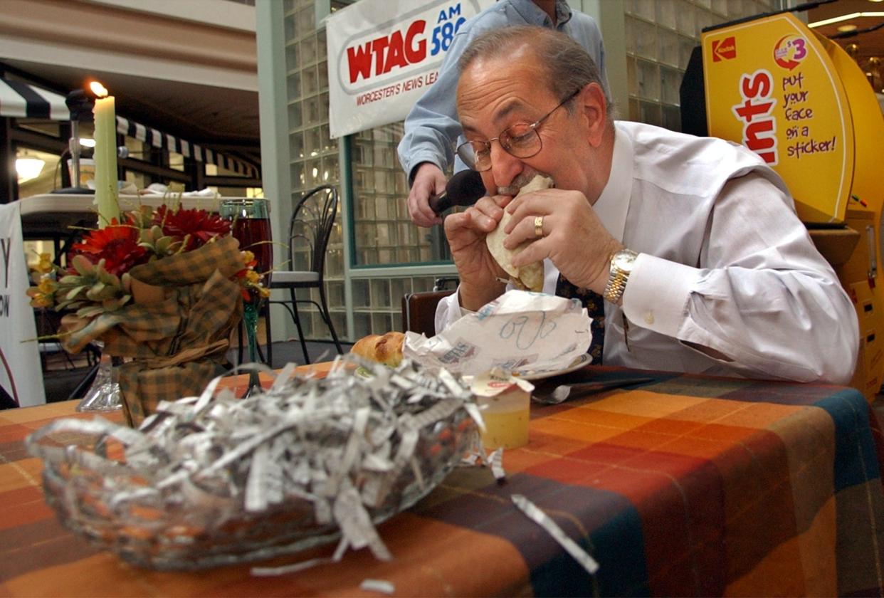 In May 2002, Jordan Levy made good on a bet to "eat my words" should Mitt Romney run for governor. Levy chomped down on a burrito stuffed with a shredded newspaper.