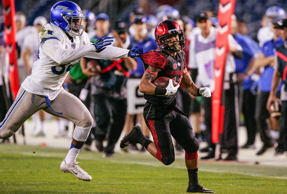 SAN DIEGO, CA - DECEMBER 05: Donnel Pumphrey #19 of the San Diego State Aztecs runs with the ball in the first half against D.J. Dunn #34 of the Air Force Falcons in the Mountain West Championship game at Qualcomm Stadium on December 5, 2015 in San Diego, California. (Photo by Kent Horner/Getty Images)