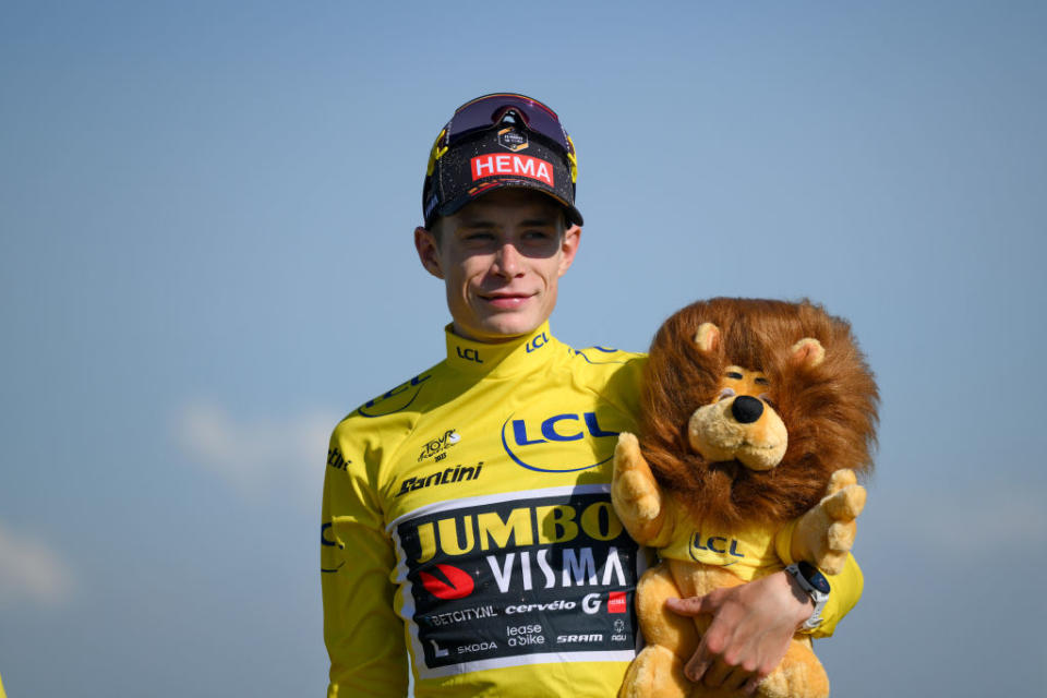 PUY DE DME FRANCE  JULY 09 Jonas Vingegaard of Denmark and Team JumboVisma  Yellow Leader Jersey celebrates at podium during the stage nine of the 110th Tour de France 2023 a 1824km stage from SaintLonarddeNoblat to Puy de Dme 1412m  UCIWT  on July 09 2023 in Puy de Dme France Photo by David RamosGetty Images