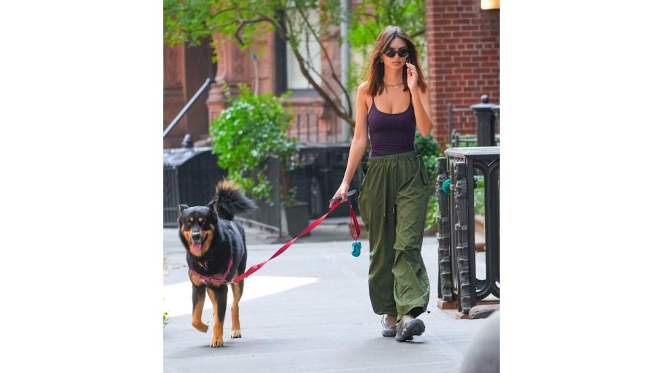 The model has transformed dog walk dressing into an opportunity to showcase her street style prowess