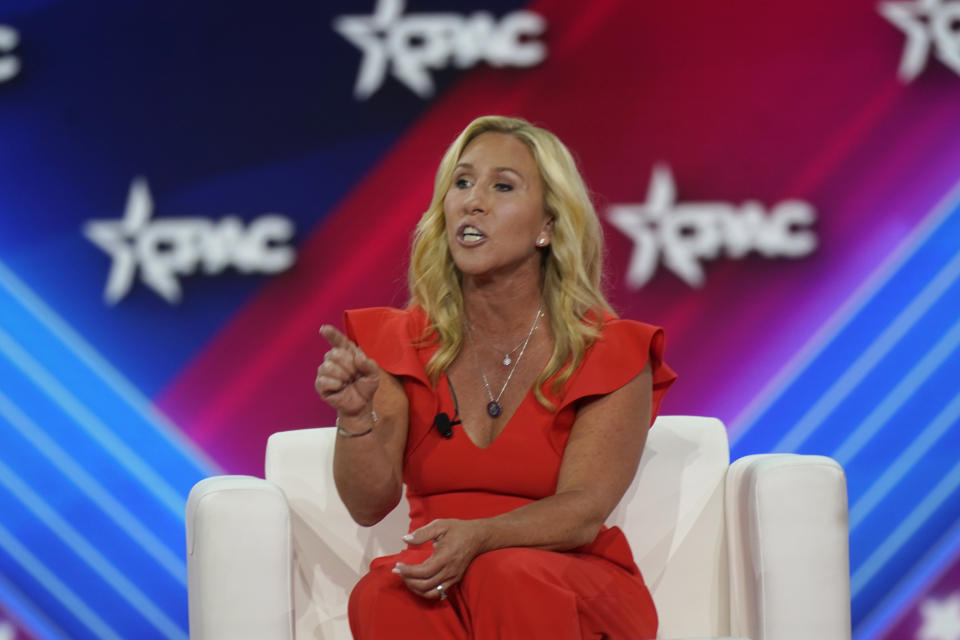 Rep. Marjorie Taylor Greene, R-Ga., speaks at the Conservative Political Action Conference (CPAC) in Dallas, Friday, Aug. 5, 2022. (AP Photo/LM Otero)