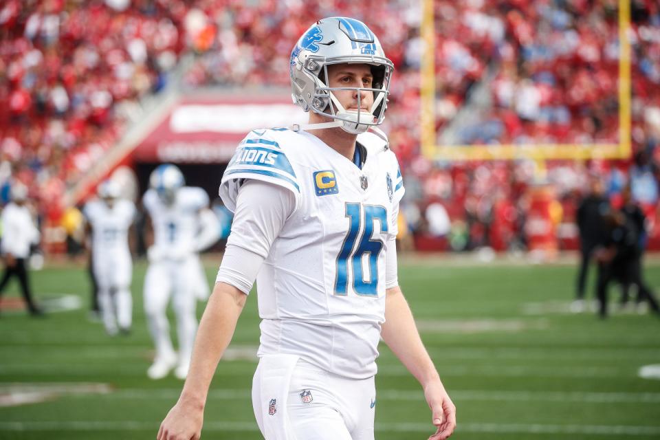 Lions quarterback Jared Goff looks on at during warmups before the NFC championship game at Levi's Stadium in Santa Clara, California, on Sunday, Jan. 28, 2024.