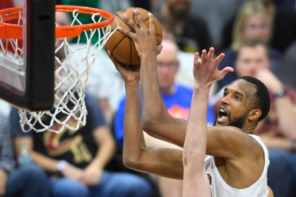 Cavaliers forward Evan Mobley drives to the basket against the Celtics in the third quarter of Game 4 of the Eastern Conference semifinals, May 13, 2024, in Cleveland.