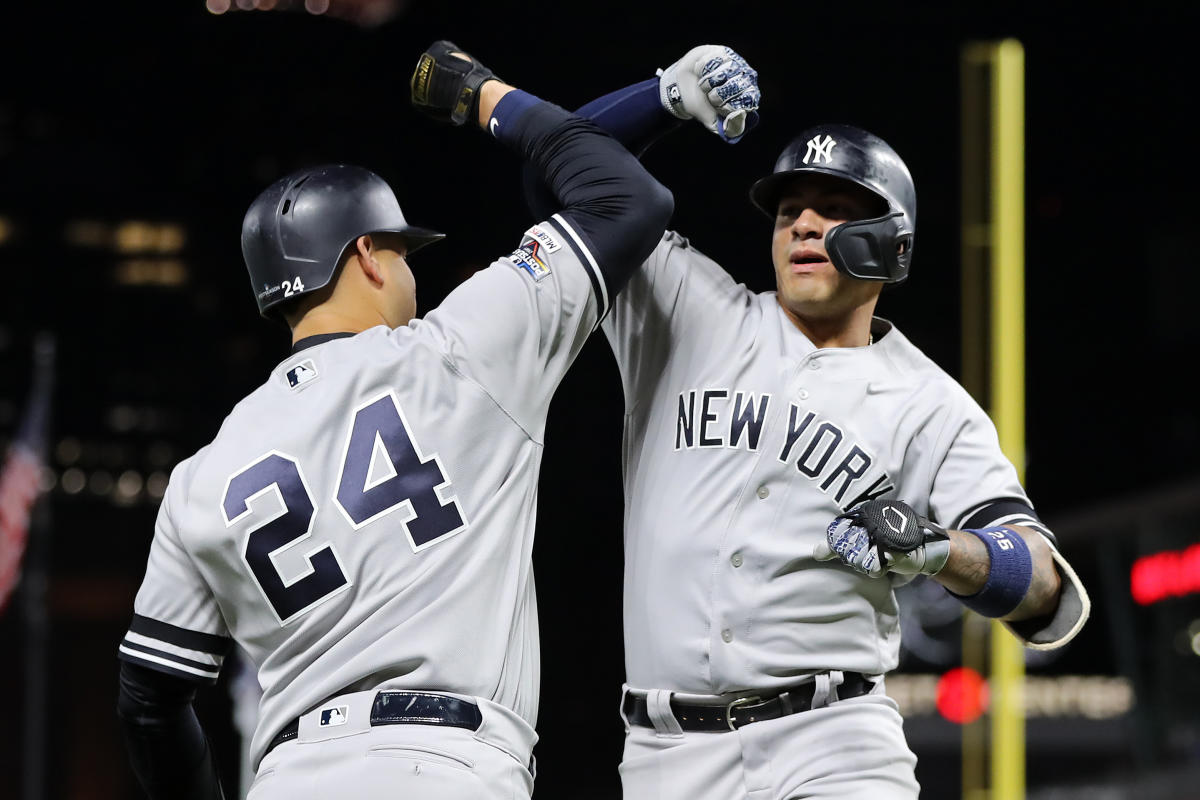 New York Yankees relief pitcher Aroldis Chapman celebrates after his team's  5-1 victory over the Minnesota Twins in Game 3 of a baseball American  League Division Series, Monday, Oct. 7, 2019, in