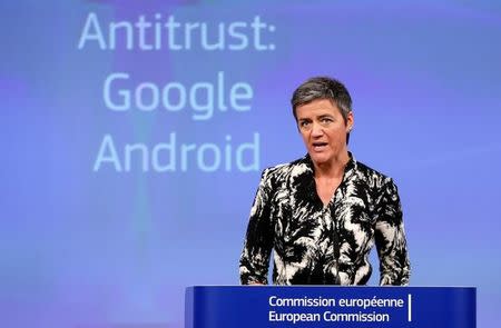 European Competition Commissioner Margrethe Vestager addresses a news conference in Brussels, Belgium, April 20, 2016. REUTERS/Francois Lenoir