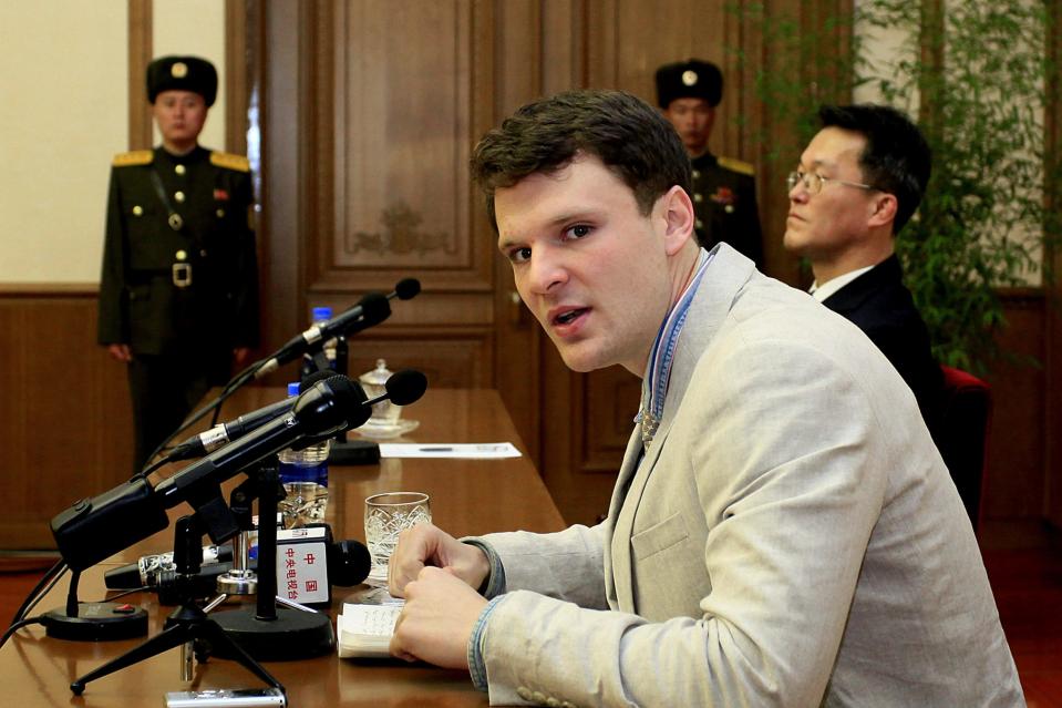 American student Otto Warmbier speaks in Pyongyang, North Korea in 2016 - Credit:  Kim Kwang Hyon/AP Photo