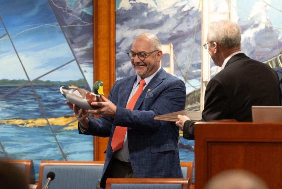 Sen. Joseph Bellino, R-Monroe (left), was honored as Legislator of the Year by Michigan Ducks Unlimited during its third annual legislative luncheon. Bellino was presented the award by Kyle Rorah, director of public policy for Ducks Unlimited Great Lakes/Atlantic Region.