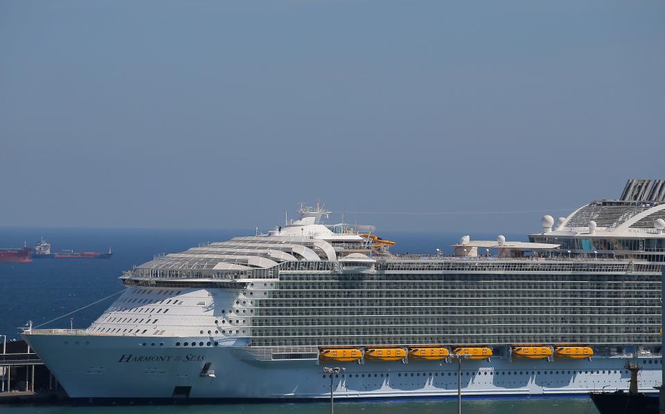 A view of  the "Harmony of the Seas" ship docked in Barcelona, Spain, Sunday, June 5, 2016.