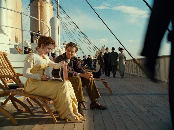 In this film image released by Paramount Pictures, Leonardo DiCaprio and Kate Winslet, left, are shown in a scene from the 3-D version of James Cameron’s romantic epic "Titanic." (AP Photo/Paramount Pictures)