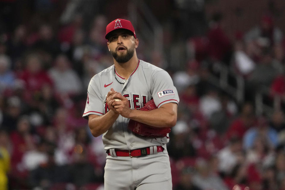 Los Angeles Angels starting pitcher Patrick Sandoval pauses on the mound during the fourth inning of a baseball game against the St. Louis Cardinals Tuesday, May 2, 2023, in St. Louis. (AP Photo/Jeff Roberson)