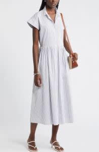 Nordstrom Drop Waist Button Front Cotton Midi Dress 