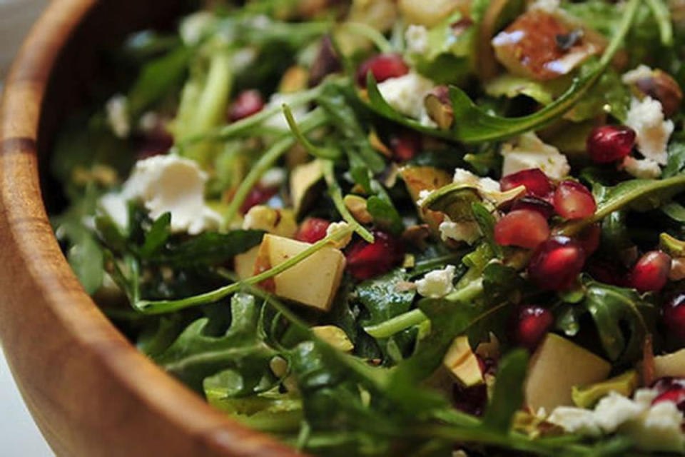 <p>This perfect autumn salad is a balance of opposing flavors. Luckily, pomegranate molasses put the acidity of vinaigrette to ease, but don’t overpower its tanginess. Pears, feta cheese, and pistachios are just a few players in this complex yet tasty appetizer. <b>Get Food52’s <a href="http://food52.com/recipes/1666-arugula-pear-and-goat-cheese-salad-with-pomegranate-vinaigrette" rel="nofollow noopener" target="_blank" data-ylk="slk:Arugula, Pear and Goat Cheese Salad;elm:context_link;itc:0;sec:content-canvas" class="link ">Arugula, Pear and Goat Cheese Salad</a> recipe. </b>(Photo: Food52)</p>
